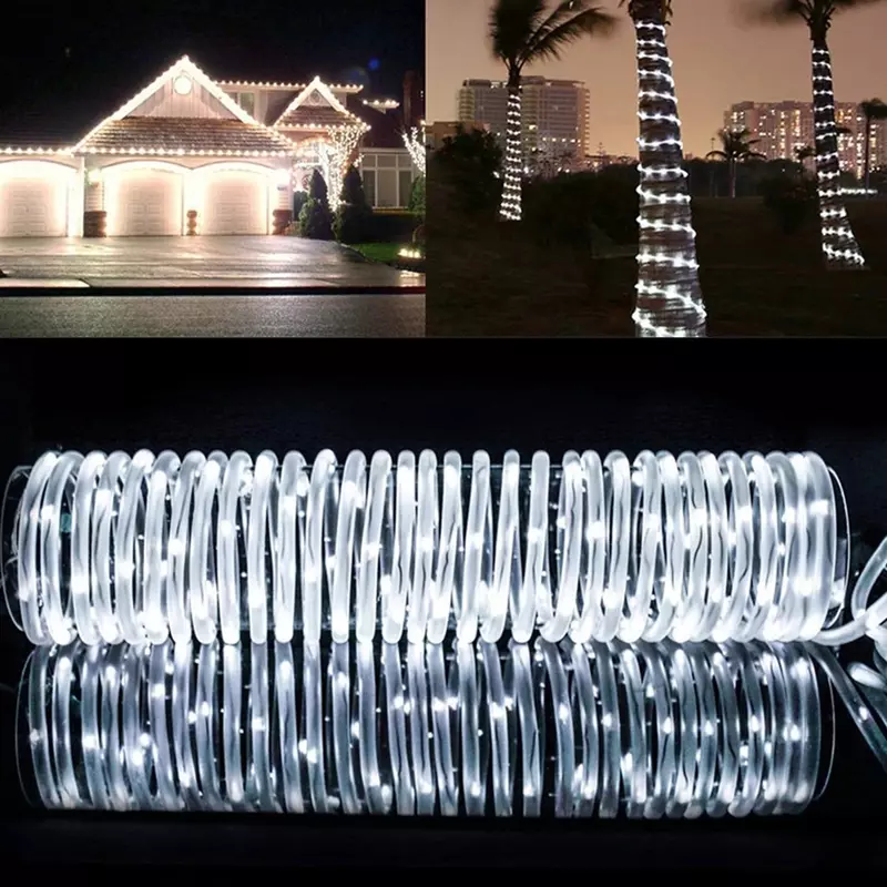 Lampu setrip LED tenaga surya, lampu tali tabung dekorasi luar ruangan tahan air lampu taman karangan bunga untuk dekorasi halaman Natal
