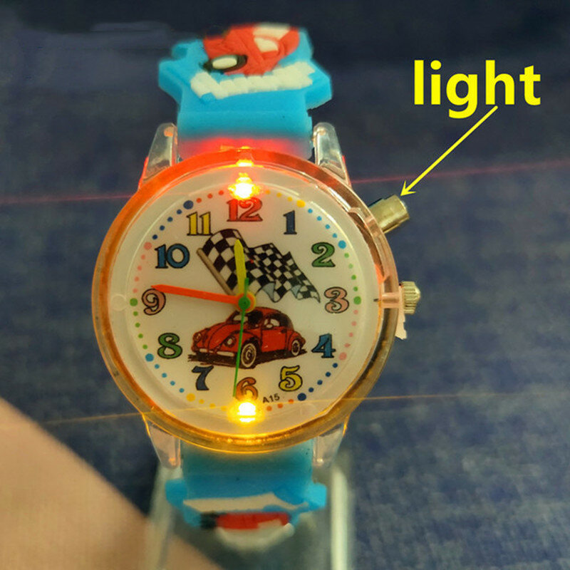 Dropshipping Licht Uhr Cartoon lichter auto Leucht Quarz kinder Uhr für Baby Jungen Mädchen Spielzeug Uhr Kinder Lernen Zeit ho
