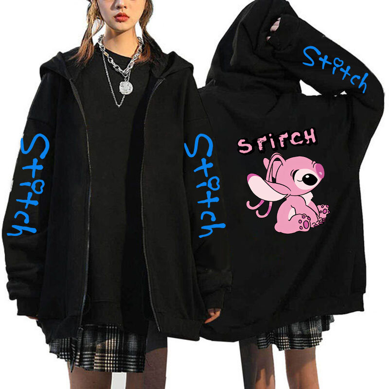 Sudadera con capucha de Disney Stitch para mujer, ropa de calle de Manga con cremallera, estilo Harajuku, años 90, Y2k