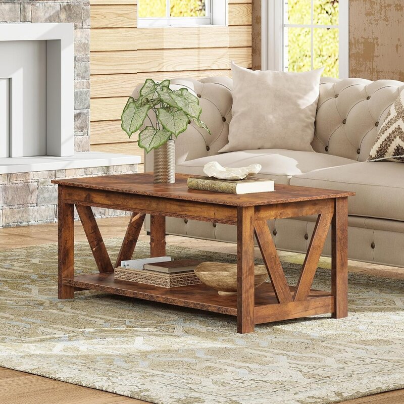 WLIVE Farmhouse Coffee Table,Living Room Table with Storage,43 in Wood Center Table with V-Shaped Frame for Home Office,Apartmen