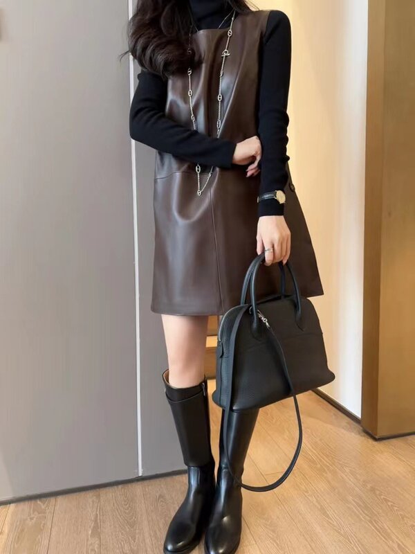 2024 New Arrival Women's Fashion Brief Genuine Sheepskin Leather Vest Dress