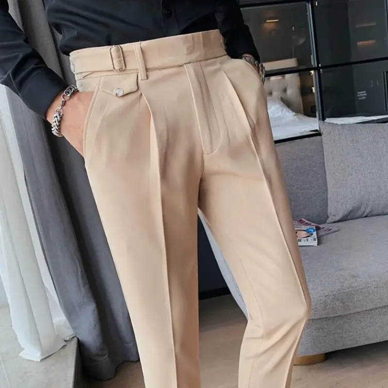 Мужские костюмные брюки, новинка 2023, деловые повседневные однотонные облегающие прямые строгие брюки в британском стиле, мужская одежда
