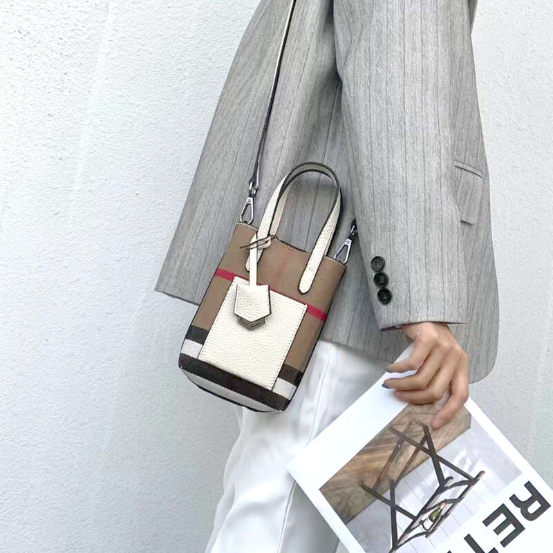 Luxury Plaid Canvas Women Bag Versatile Genuine Leather Top Handle Female Phone Clutch Purse Fashion Small Lady Shoulder Handbag