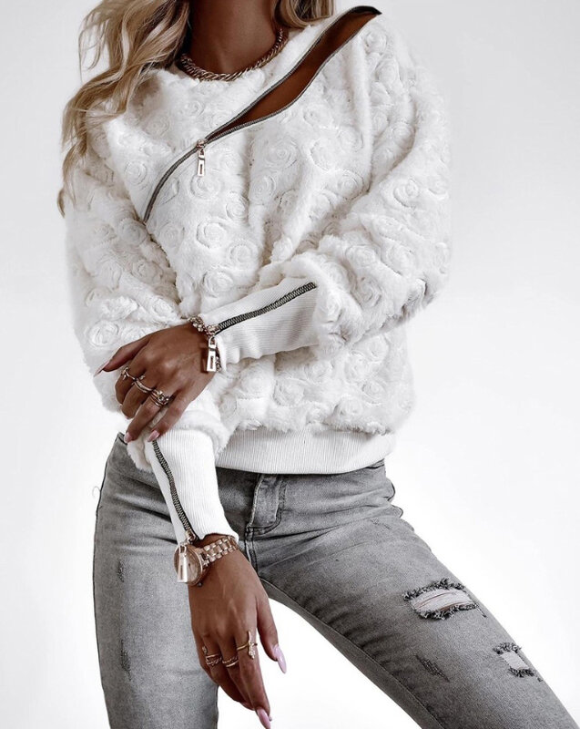 Damen warmen Pullover heiß verkaufen Winter neue lässige Rundhals ausschnitt Blumenmuster Reiß verschluss Design Fuzzy reguläre Langarm Sweatshirt