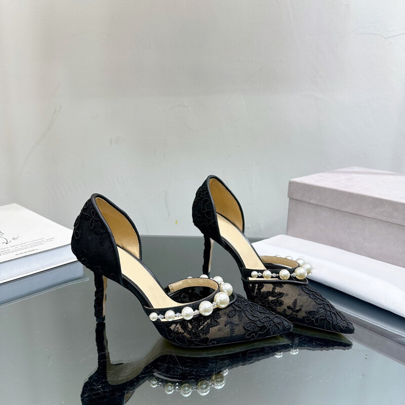 Zapatos de tacón alto con punta puntiaguda para Mujer, Sandalias de diseñador con perlas de encaje, zapatos de boda nupciales, 2024
