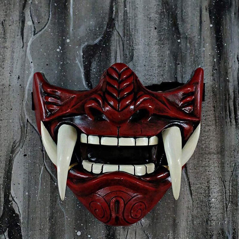Cosplay máscara headwear oni samurai vaca diabo grimace presas traje adereços halloween horror decoração de casa