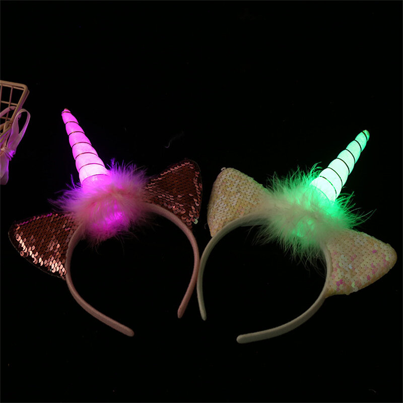 Headband do tema do unicórnio com luz LED para crianças Headwear dos desenhos animados para meninas, acessórios do cabelo, Headband do arco-íris, suprimentos da decoração do partido do aniversário