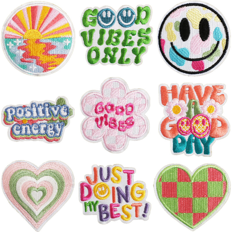 Hot DIY Embroidery Patch Happy Smile Face Good Vibes Heart Flower Heat-adhesive Fast Iron Sticker Positive Energy Clothing Badge