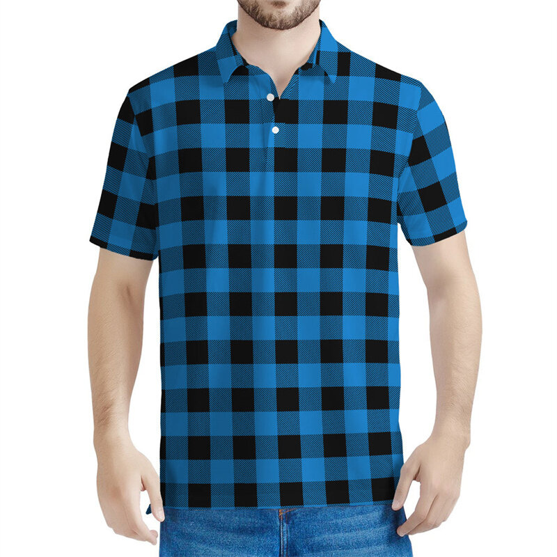 Camisa polo gráfica de grades coloridas masculina, camiseta xadrez impressa em 3D, blusa casual solta de mangas curtas verão, camiseta lapela