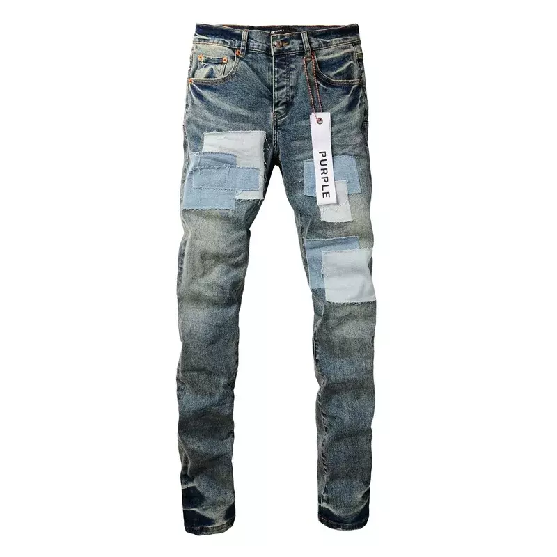 Jeans de rua alta com remendos, marca roxa, feito de tecido de remendo velho, reparo baixo crescimento, jeans magro