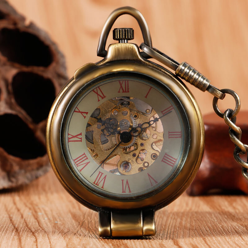 Jam tangan saku Fob pria jam tangan mekanis unik Clamshell transparan perunggu jam khusus hadiah Natal Relogio De Bolso