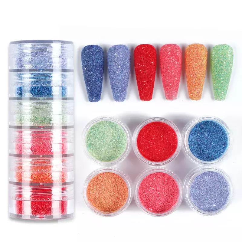 6 flessen/set kleurrijke nagel acryl poeder decoratie manicure set kristal nagel glitter 3D nagel tip beeldhouwen tool