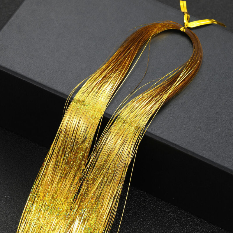 Laser Colorful Gold Wire 93CM Sparkling Glitter Tinsel Fairy Hair Extensions resistente al calore Party Highlight Hairpiece per le donne