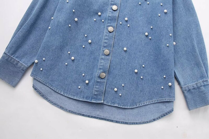 Women New Fashion Artificial pearl decoration decoration Loose Asymmetric Denim Blouses Vintage Button-up Female Shirts Chic Top