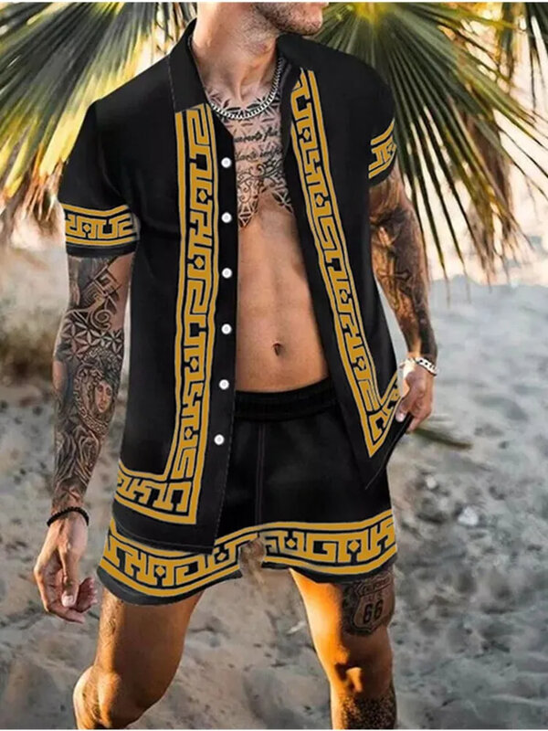 Homens 3D Patchwork conjuntos de camisas estampa, lapela manga curta, shorts de praia extragrandes casuais, streetwear verão, ternos havaianos