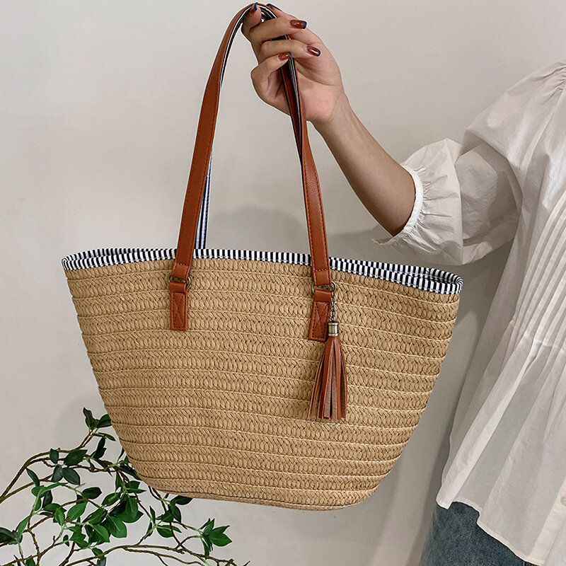 Modne damskie torebki ze słomy ręcznie robione słomy pleciona torba letnie wakacje plażowe torby na ramię