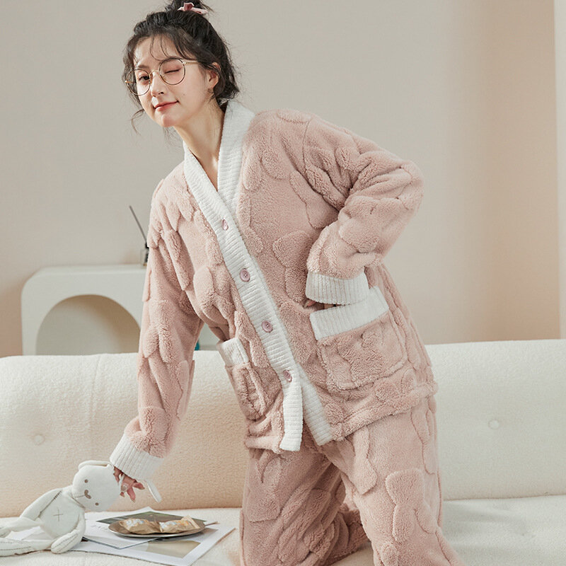 Conjunto de calças e top longo para dormir feminino, pijamas de inverno cardigan, loungewear quente, pijama de flanela, pijamas para menina, 2 peças