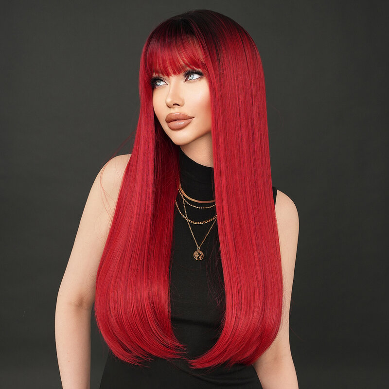 Wig merah dalam lurus panjang NAMM untuk wanita dengan akar gelap penggunaan sehari-hari wig rambut tahan panas sintetik dengan poni