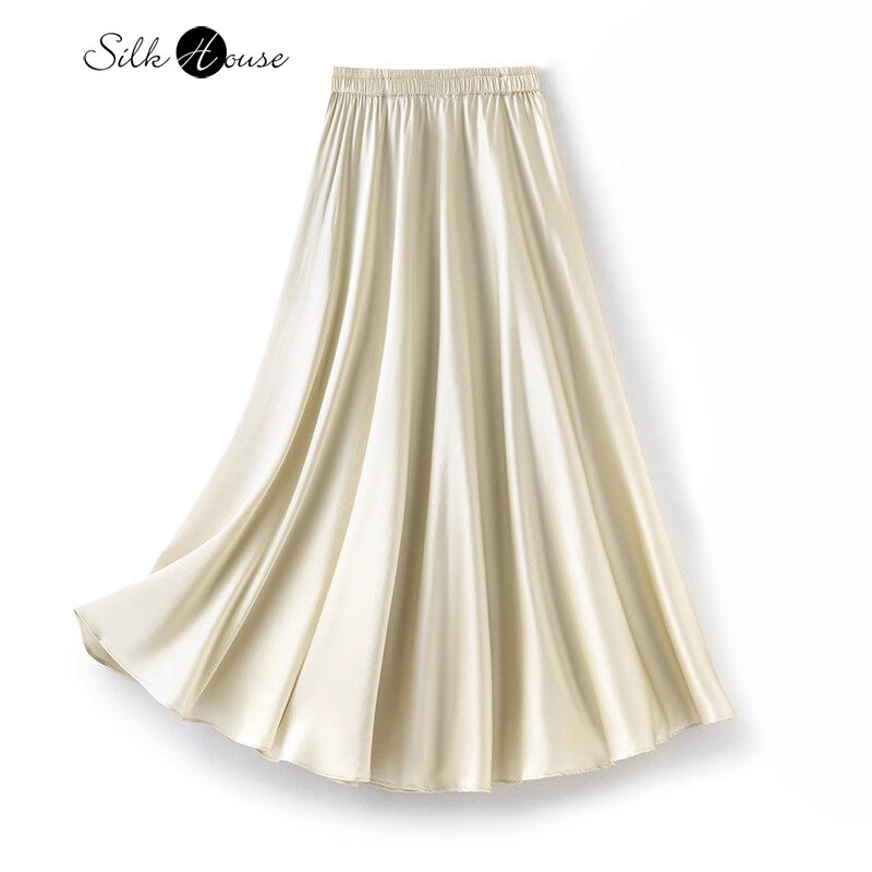 2024 Women's Fashion Summer New Heavyweight 100% Natural Mulberry Silk Plain Satin Crescent White Solid Color Large Swing Skirt