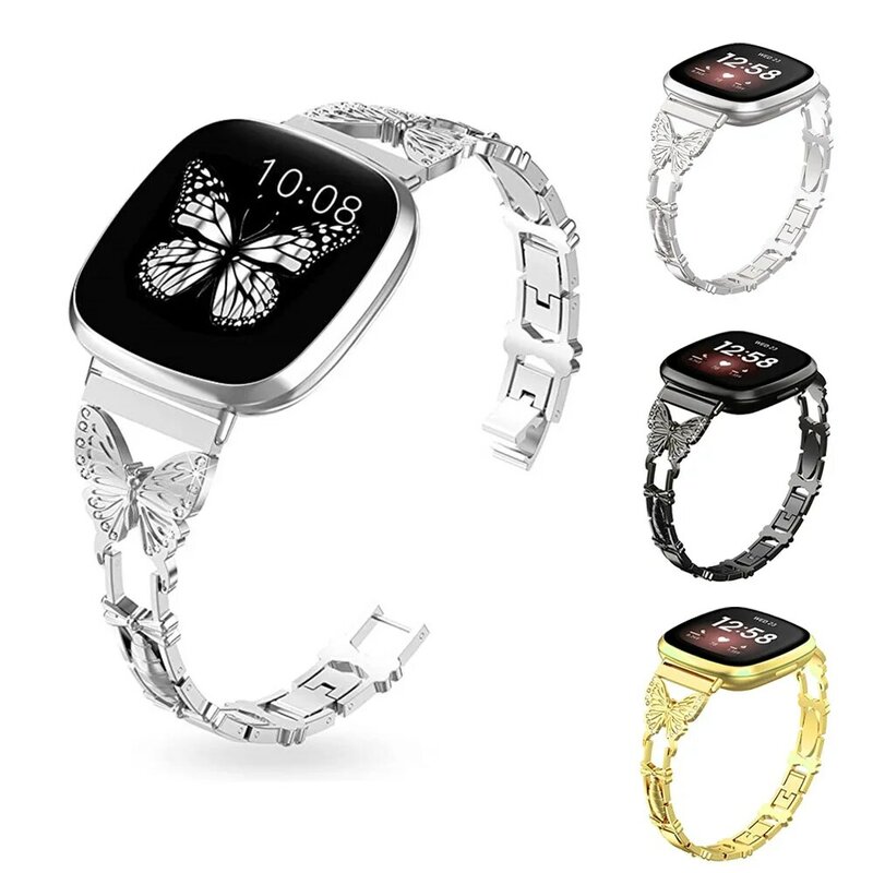 Bracelet papillon Bling élégant pour Fitbit Versa 3 et Versa, bracelet de montre réglable, bracelet en acier inoxydable, 4 bandes, fouet 2