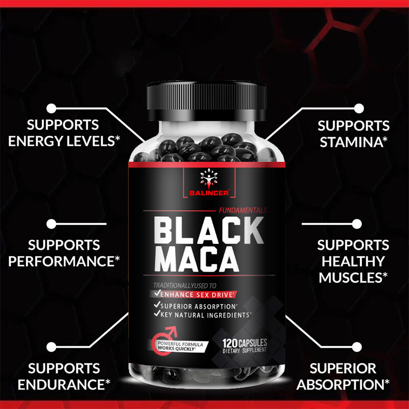 Balincer Organic Black Maca Extract, Energia Natural, Vigor com Pimenta Preta, Absorção 120 Cápsulas Vegetais, 1000 Mg