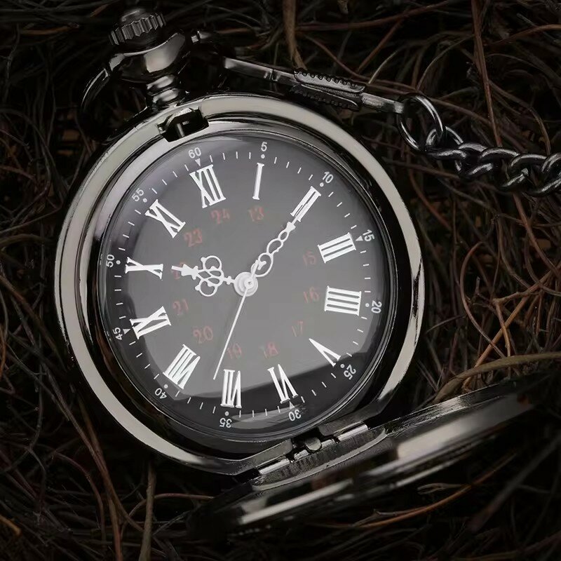 Reloj de bolsillo Steampunk de cuarzo con numero romano para hombre y mujer, colgante de collar con cadena, color negro, Estilo