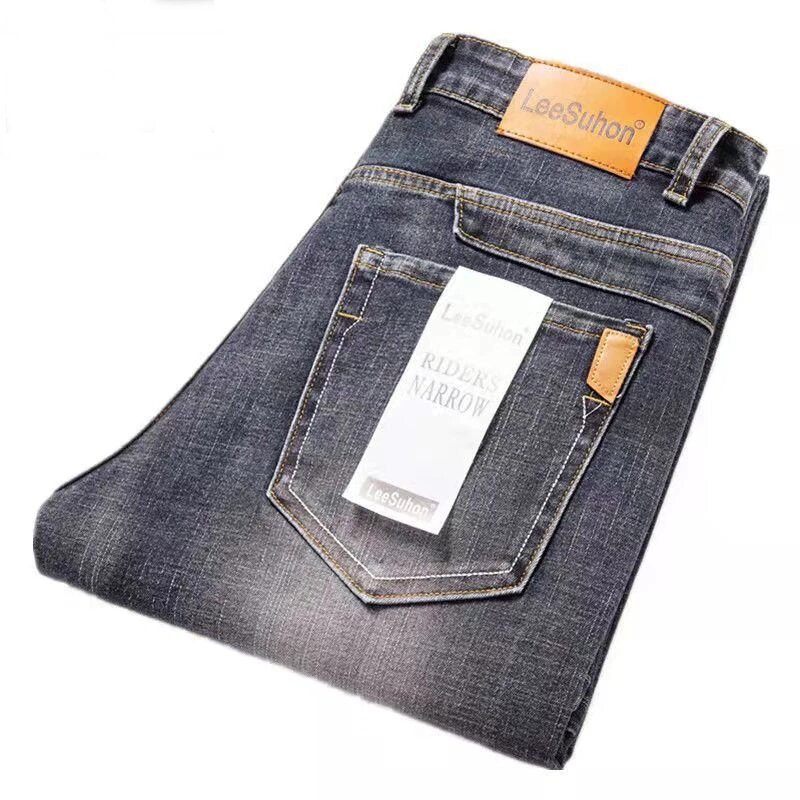 Celana panjang Denim regang untuk pria, celana panjang Denim bisnis kasual gaya klasik, celana Jeans warna hitam abu-abu biru 2023 untuk pria