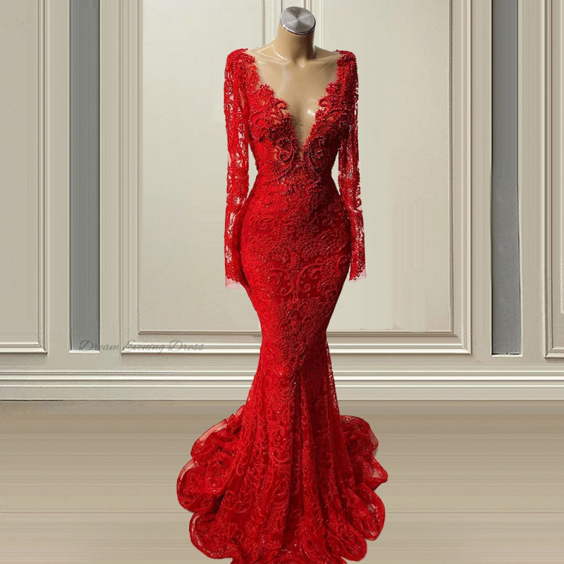 Женское вечернее платье с юбкой-годе, элегантное красное платье с глубоким V-образным вырезом, длинными рукавами и бусинами