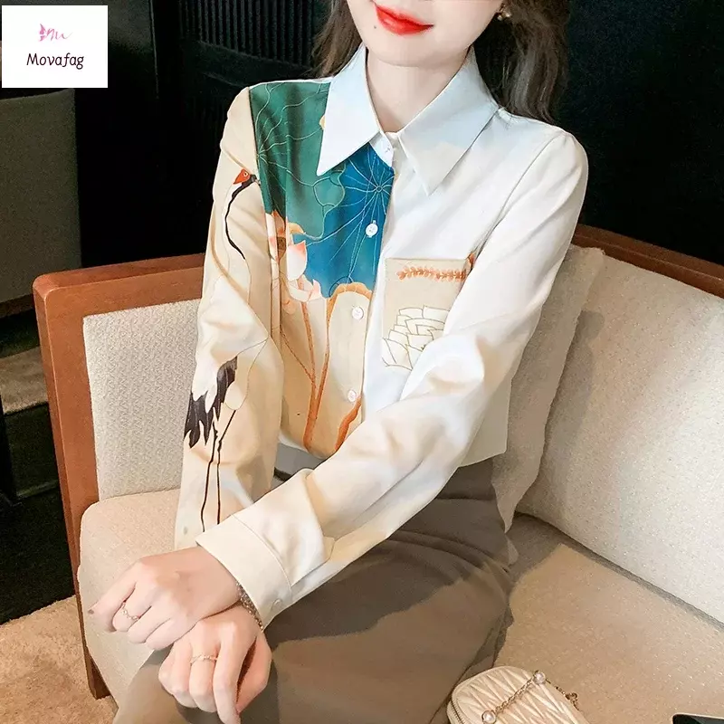 Satijnen Shirt Met Lange Mouwen Vrouwen Blouse 2024 Zomer Nieuw Oppervlak Bloem Revers Kraag Koreaanse Mode Losse Top