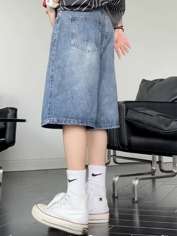 Denim Shorts Women Wide Leg Loose Bleached Washed European Style Retro Knee Length Simple Slouchy Stylish Summer Students 2023