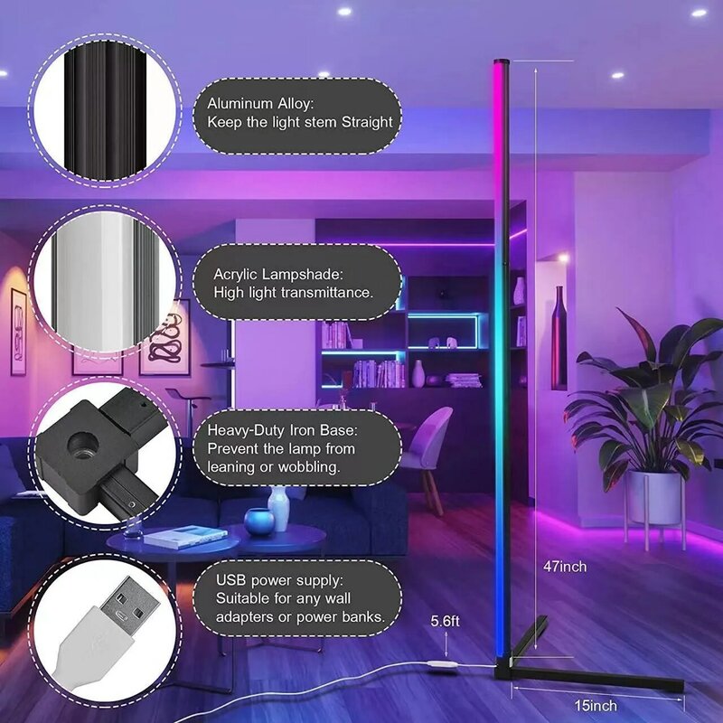 스마트 앱 LED 코너 스탠딩, 분할 가능한 바닥 조명, 방 분위기, 홀리데이 파티, 웨딩 호텔, 빌라 바 이벤트