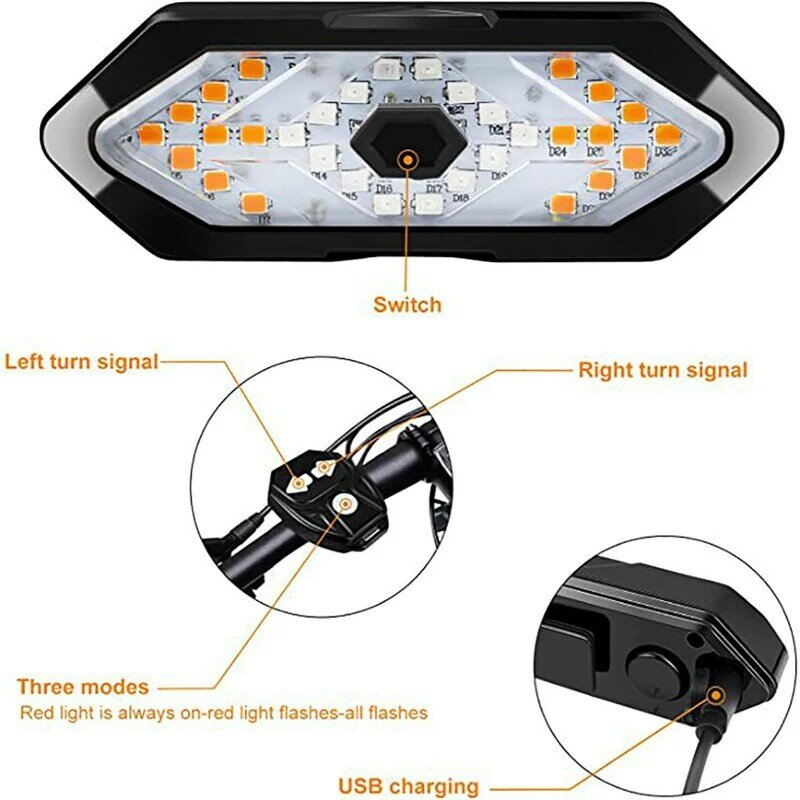 إشارات دوران الدراجة مع بوق ، مصباح خلفي لركوب الدراجات ، إشارات الانعطاف ، جهاز التحكم عن بعد ، مؤشر خلفي LED ، USB قابل لإعادة الشحن