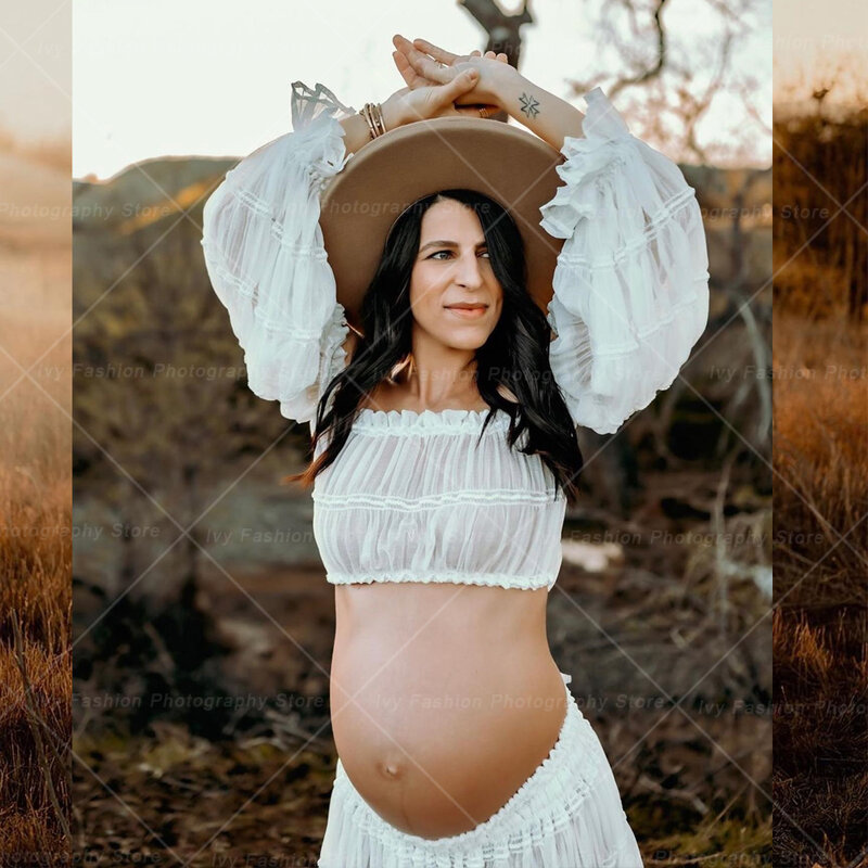 Zwangerschaps Jurk Voor Fotoshoot Geplooide Chiffon Lange Mouw Off Shoulder Vierdelige Boho Stijl Jurk Fotografie Jurk Voor Vrouwen