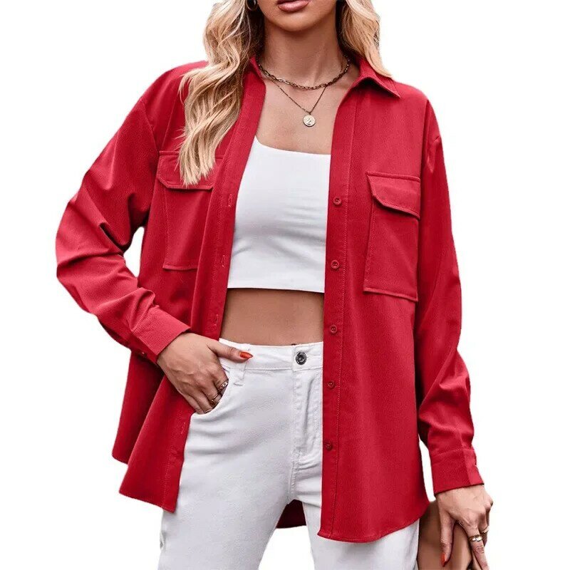 2024 Autumn/Winter New Comfortable and Casual Double Pocket Solid Color Single breasted Long sleeved Shirt for Women YBF35-3