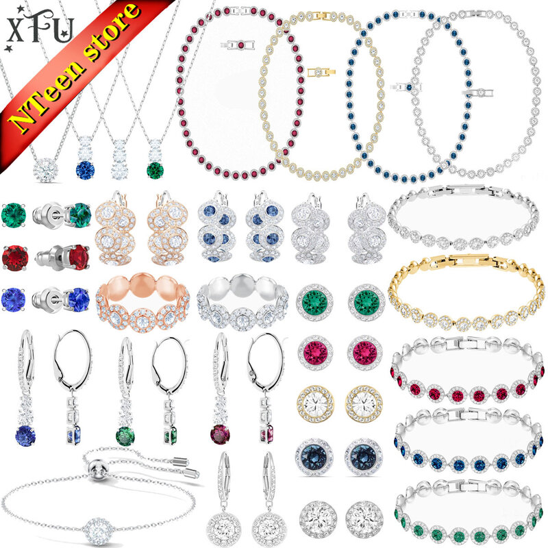 Set perhiasan butik kalung asli anting wanita pesona kristal seri malaikat, cincin, gelang, hadiah pesta Logo XFU