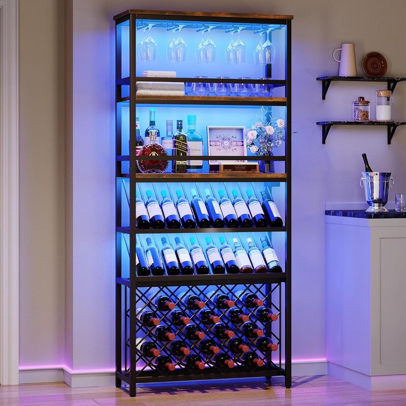 US DWVO 42 butelki wysokie Bar winny gablota z pułkami wolnostojące z światła LED RGB i półka do przechowywania,