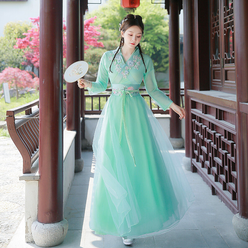 Han chinesische Kleidung Frauen, grünes Tanz kostüm antiken Kleid Stil Anzug