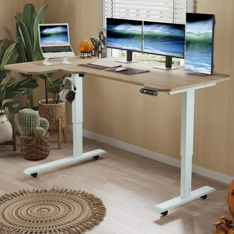 Meja berdiri listrik, bentuk L, tinggi dapat disesuaikan, komputer, duduk dan kantor rumah dengan sambungan B