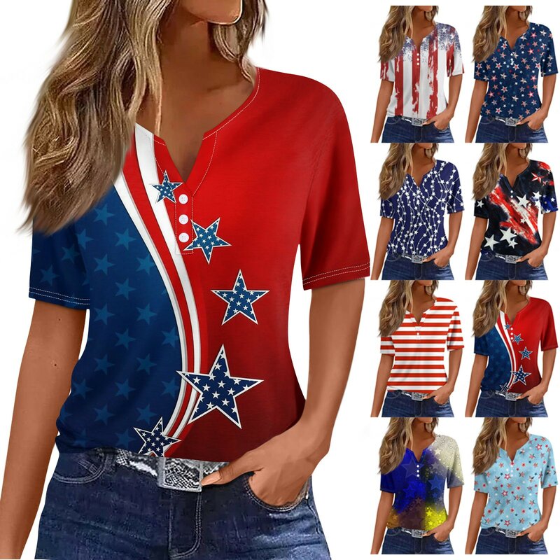 여성용 캐주얼 V넥 반팔 티셔츠, 독립 기념일 프린트, 장식 단추 티셔츠, 패션 탑