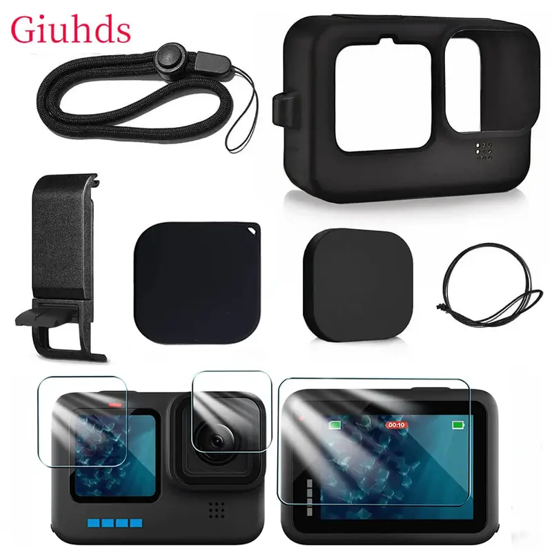 Silicone Case for GoPro Hero 12 11 10 9 Black Tempered Glass Screen Protector Protective Film Lens Cap Cover for Go Pro 11 case