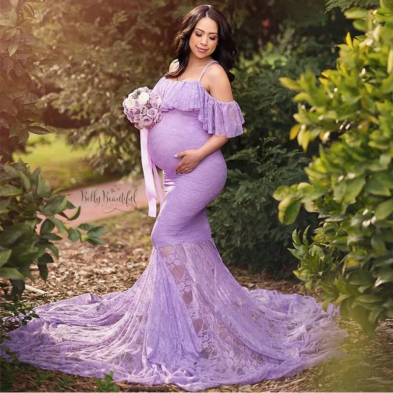 Ruffles Lace Maternity Dresses For Photo Shoot Shoulderless Fancy Pregnancy Dress Long Pregnant Women Maxi Gown Photography Prop