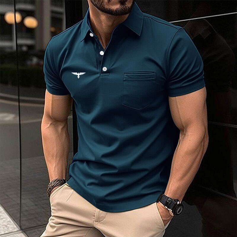남성용 슬림핏 반팔 스포츠 라펠 포켓 폴로 셔츠, 여름 패션