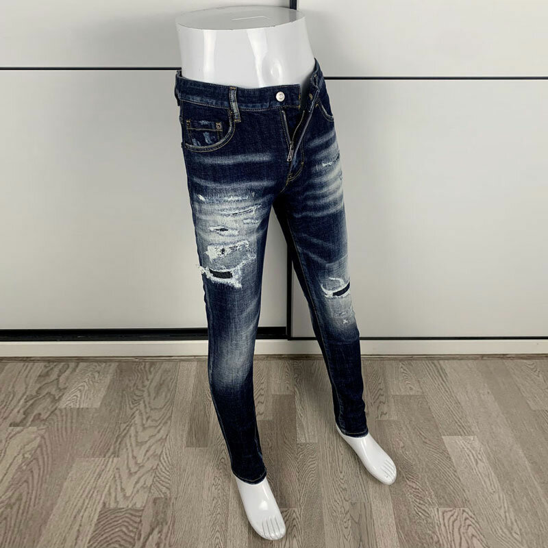 Джинсы мужские Стрейчевые темно-синие, модные рваные джинсы скинни в стиле ретро, с заплатками, дизайнерские брендовые штаны в стиле хип-хоп