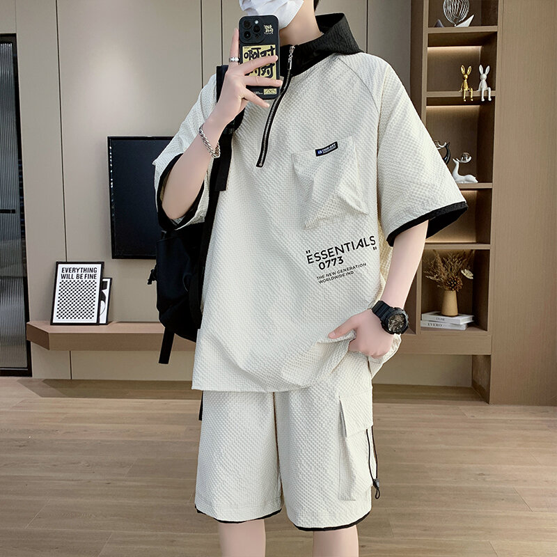 Setelan pakaian olahsized pria, setelan 2 potong musim panas T-Shirt Hoodie Pria celana pendek Harajuku Streetwear ukuran besar