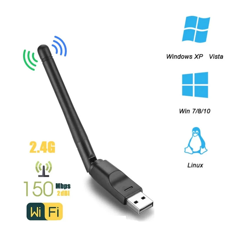 Adaptor WiFi USB Mini 150Mbps, Dongle penerima Wi-Fi kartu jaringan nirkabel 2.4GHz dengan antena 802.11 b/g/n untuk PC Laptop