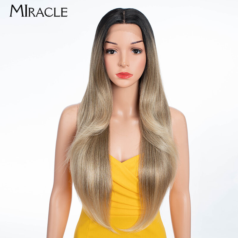 MIRACLE-Peluca de cabello sintético liso y suave para mujer, postizo de 28 pulgadas con malla frontal, color rubio degradado, uso diario para Cosplay