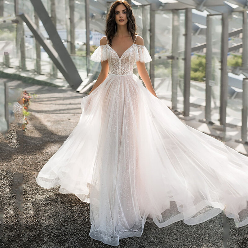 New Plus-Size Wedding Dresses For Spring 2024 Exquisite Slim Lace One-Shoulder Floor-Length Dress Solid V-Neck Women's Gowns