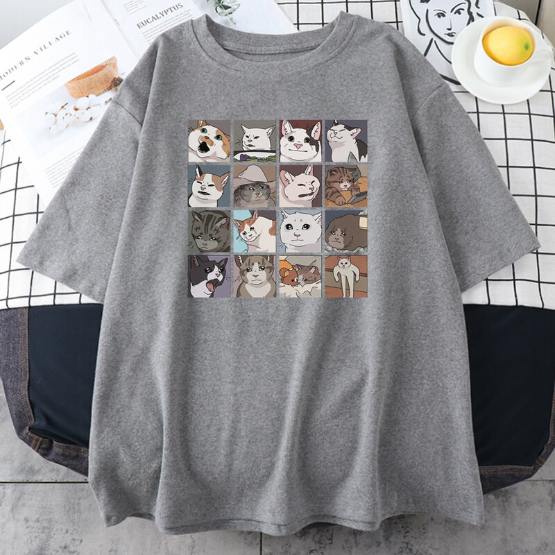 Meme Cat เสื้อยืดพิมพ์ลายสุดสร้างสรรค์สำหรับผู้ชาย, เสื้อยืดผ้าฝ้ายลำลองไซส์ใหญ่พิเศษระบายอากาศได้ดีตลกเสื้อผ้าสำหรับชายหาด