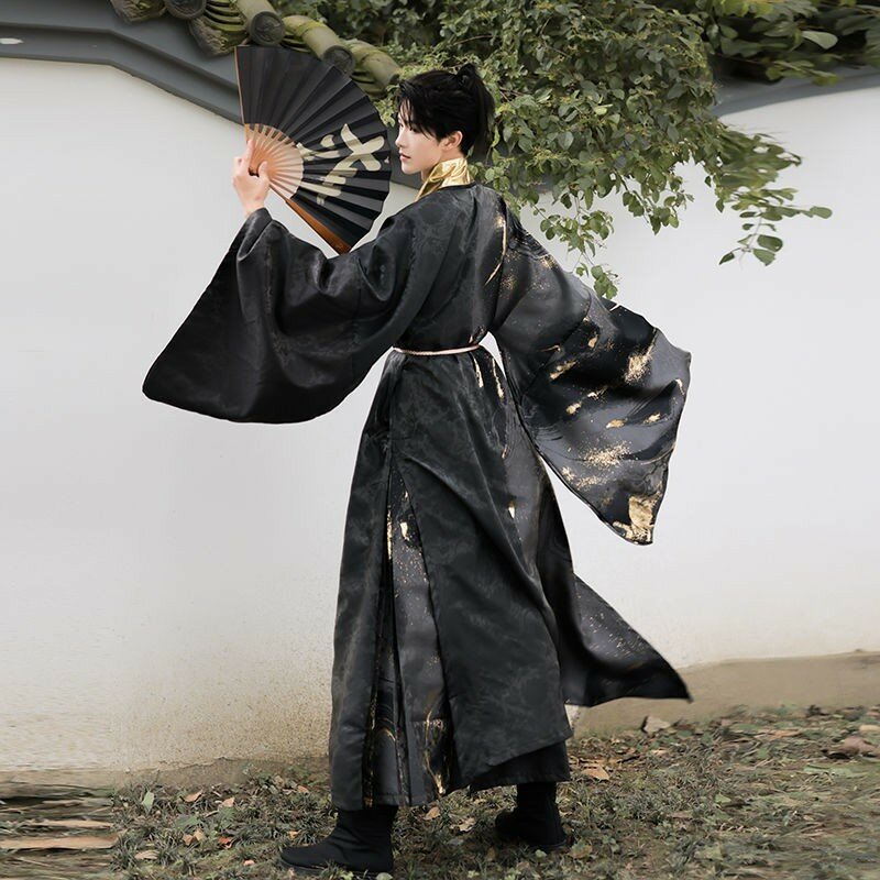 Robe tissée JS Yunling Hanfu pour hommes, encre de stylo, éclaboussures d'or, balançoire intérieure, ruban noir dominateur