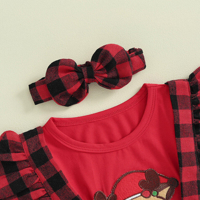 VISgogo 2 Pcs Baby Girls Christmas Outfits Plaid Print Deer Ruffle Sleeve Romper Dress Bow Headband Set for Infant Xmas Clothes
